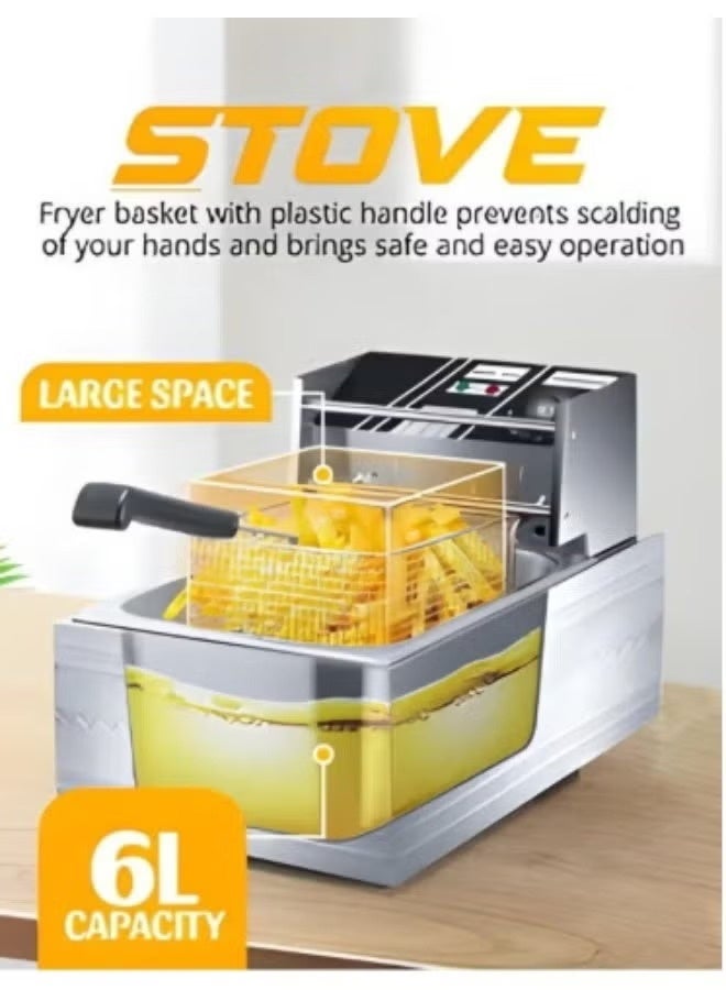 Denx Stainless Steel 6L Deep Oil Fryer with Basket Strainer Jumbo Size Adjustable Temperature & Timer, Perfect Chicken, Shrimp, French Fries, Chips & More, Removable Oil Container - Image 2